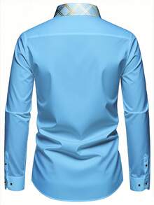 Áo sơ mi nam dài tay màu xanh nhạt mùa xuân 2026, cổ áo kẻ caro vàng, có túi, thích hợp cho công sở. - Màu xanh nhạt - Xem 4