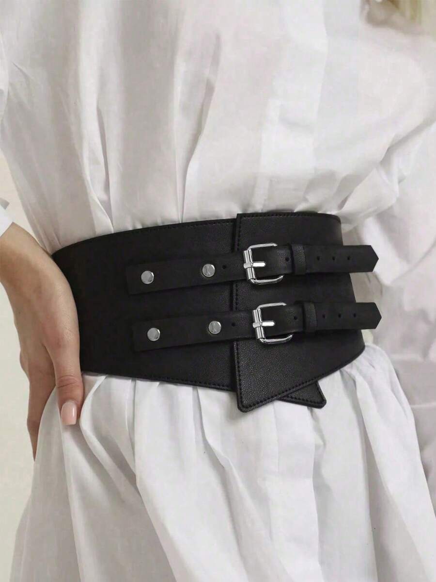 1条女士多功能黑银双扣可调节腰带,适合日常、聚会、通勤及其他场合。 - 黑色 - 查看 1