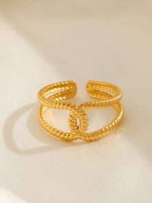 1pc 18K Gold Plated Stainless Steel Fashionable Geometric Line Design Ring, Suitable For Women's Daily Wear - Gold - View 3