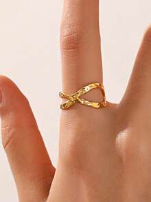 1pc Stainless Steel 18K Gold Plated Geometric Criss-Cross Open Ring, Fashionable Daily Wear For Women - Gold - View 2