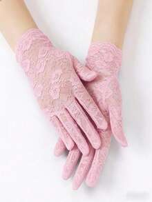 1 Pair Pink Romantic Sexy Elegant Short Fingerless Bridal Gloves, Suitable For Summer Sun Protection,Beach,Wedding,Party,Birthday - Pink - View 2