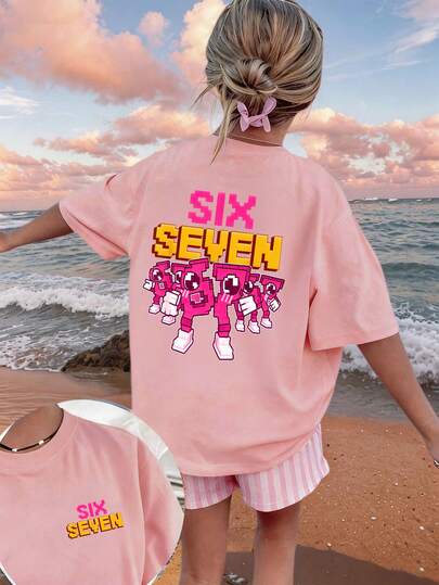 Girls' Cartoon "67" Graphic Round Neck Short Sleeve T-Shirt, Comfortable & Soft, Suitable For Various Occasions, Essential Summer Fashion Item
