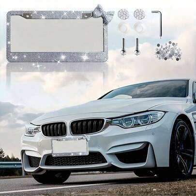 1pc Silver Rhinestone Bow Tie License Plate Frame, Handmade Stainless Steel Plate Holder With Shiny Crystal Decorations, Luxury High-End Universal Car License Plate Frame