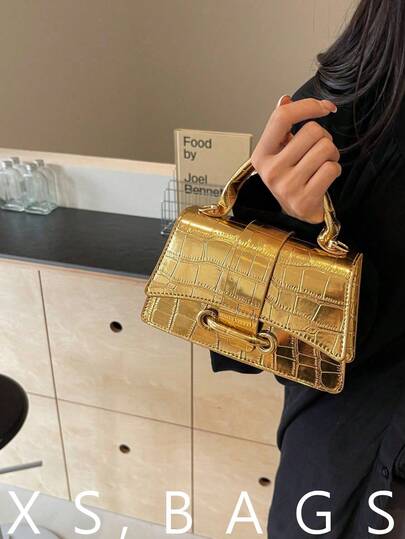 Bolso de hombro con cordón de unicolor minimalista con textura de piedra de moda casual para mujer