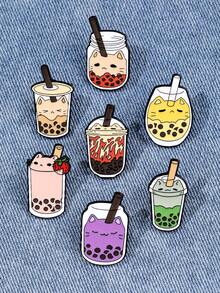 1/7件套可爱珍珠奶茶杯猫咪胸针，创意卡通珍珠奶茶杯金属徽章装饰，可用于衣服、帽子、围巾、包包等。 - 彩色 - 查看 1