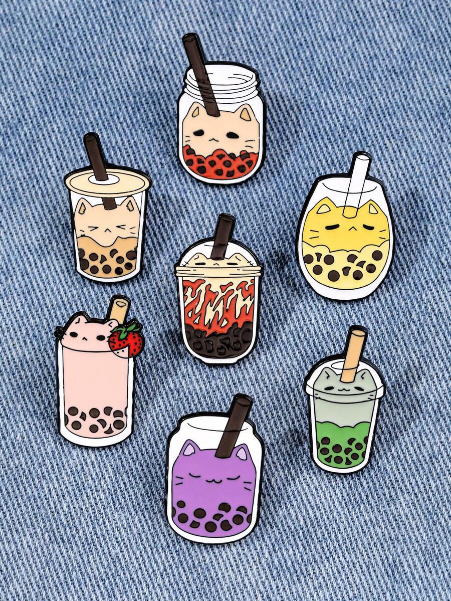 1/7件套可爱珍珠奶茶杯猫咪胸针，创意卡通珍珠奶茶杯金属徽章装饰，可用于衣服、帽子、围巾、包包等。 - 彩色 - 查看 1