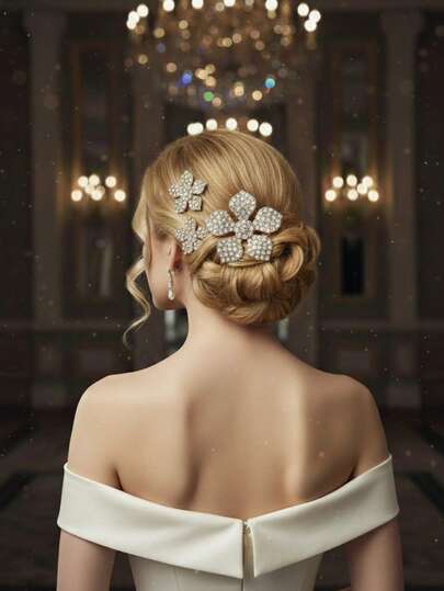 3pcspack Elegant Rhinestone Flower Hair Pins Set, Sparkling Crystal Floral Hair Sticks For Bride, Wedding Party Hair Accessories For Women