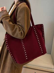 女士酒红色丝绒手提包，铆钉装饰单肩手提包 - 酒紅色 - 查看 3