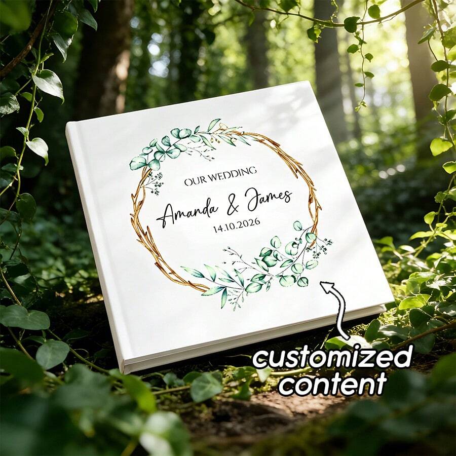 Eucalyptus Themed Wedding Guest Book, Square Wedding Book, Wedding Book With Personalized Letter Name, Hardcover Photo Album Wedding Guest Book, Wedding Guestbook, Personalized Photo Custom Wedding Guestbook, Wedding Keepsake, Wedding Scrapbook, Wedding Book, Single-Sided Custom Wedding Book, 36-Page Wedding Book, Customized Guest Book - White - View 1