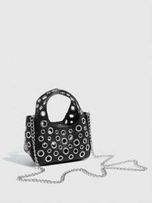Luxury Designer Handbag - Soft Touch PU Leather, Crossbody Shoulder Bag With Top Handle And Adjustable Strap, Fashionable Spacious Women Rivet Tote - 黑色 - 查看 1