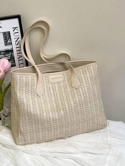 1pc Straw Woven Tote Bag, Fashion Minimalist Large Capacity Casual Vacation Solid Color Shoulder Bag For Women