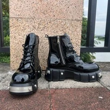 Men's Fashion Cyber Punk Style High-Top Chunky Boots Black Patent Leather With Side Zipper Motorcycle Short Boots For Man Thick Sole Vintage Leather Boots - 黑色 - 查看 8