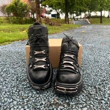 Punk Style Pure Black Unisex Chunky Platform Sneakers Metal Decoration Vintage Light Lace-Up Leather Single Shoes - màu đen - Xem 9