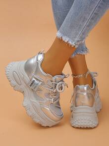 女士厚底运动鞋，时尚百搭休闲鞋，纯色运动休闲户外系带网眼拼接增高鞋 - 銀色 - 查看 2