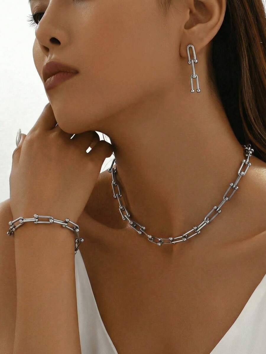European And American INS Style Jewelry Set: U-Shaped Horseshoe Pendant Necklace, Bracelet, And Earrings - Silver - View 1
