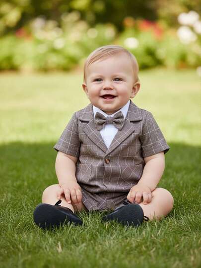 BOARNSEORL 2 件套男婴绅士套装，格子领结短袖西装和短裤，适合生日派对、婚礼、洗礼、宰牲节