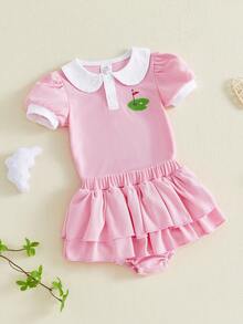 Conjuntos de shorts de verano para bebés niñas, manga corta, cuello de muñeca, pelele bordado estilo golf, shorts de PP escalonados. - Rosa - Ver 3