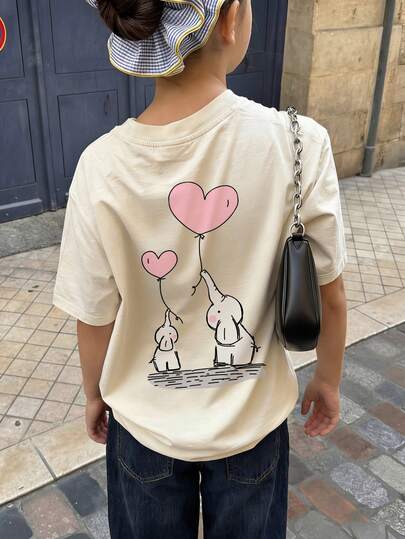 1pc Girls Casual Heart, Balloon, Elephant Graphic Print Crew Neck Short Sleeve T-Shirt, Summer Student Young Apparel - Inspiring Imagination And Self-Expression, Happy Valentine's Day!