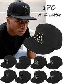 1顶优质26字母刺绣平沿棒球帽，时尚男女通用休闲嘻哈帽，后扣式纯色棒球帽，四季皆宜，适合作为生日礼物 - 黑色 - 查看 1