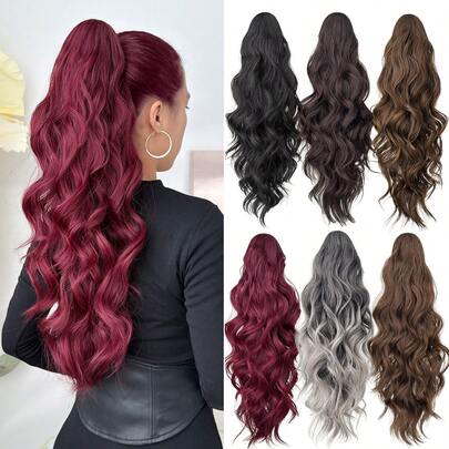 24-Inch Ombre Gradient Color Claw Clip Ponytail Wig, Black/Brown/Burgundy/Gray, Heat-Resistant Synthetic Fiber Wavy Ponytail Wig, Suitable For Women To Wear On Christmas, Halloween, Music Festivals And Daily Use