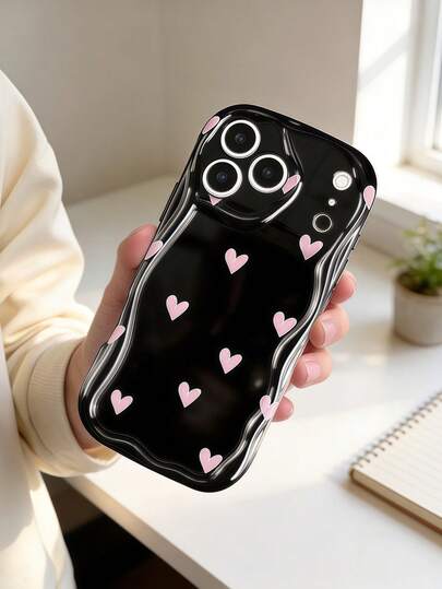 1pc Creative Pink Heart-Shaped Wave Edge Protective Phone Case Compatible With Apple 7/8/X/XR/XS Max/11/12/13/14/15/16/17 Pro Max, Galaxy A14/A15/A16/A17/A04/A05/A06/A07/A54/A55/A56/A57/A34/A35/A36/A37/S26/S26 Plus/S26 Ultra, Transsion SMART7/8/9/10