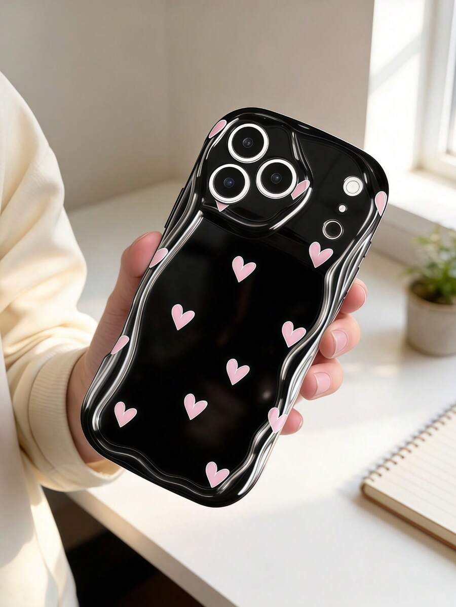 1pc Creative Pink Heart-Shaped Wave Edge Protective Phone Case Compatible With Apple 7/8/X/XR/XS Max/11/12/13/14/15/16/17 Pro Max, Galaxy A14/A15/A16/A17/A04/A05/A06/A07/A54/A55/A56/A57/A34/A35/A36/A37/S26/S26 Plus/S26 Ultra, Transsion SMART7/8/9/10 - Creamy Black - View 1