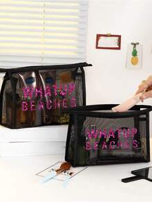 大容量网眼袋套装，印有“Beach”字样，玫瑰红亮片图案，彩色字体，网眼沙滩手提袋，网眼化妆包，可折叠大容量沙滩包，防水防沙，字母装饰网眼沙滩手提包，女士单肩包，适合通勤、购物、度假和日常休闲使用，是送给朋友的完美礼物。 - 彩色 - 查看 9