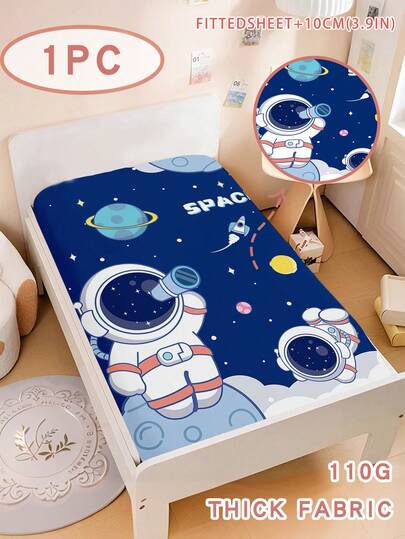 1PC Space Themed Fitted Sheet, Blue Cartoon Rocket & Planet Design Bedding, Ideal For Bedroom & Playroom Decor For Children, Teenagers, Adults, Boys And Girls, Bedroom