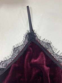 Đầm ngủ nhung ren phối ren tương phản, thanh lịch, gợi cảm kiểu cổ điển - Đỏ Burgundy - Xem 3