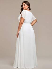 EVERPRETTY Plus Size Women's Fitted Solid Color Ruched V-Neck Ruffle Sleeve Formal Dress, White Elegant Gown, Wedding Dress, Bridal - White - View 2