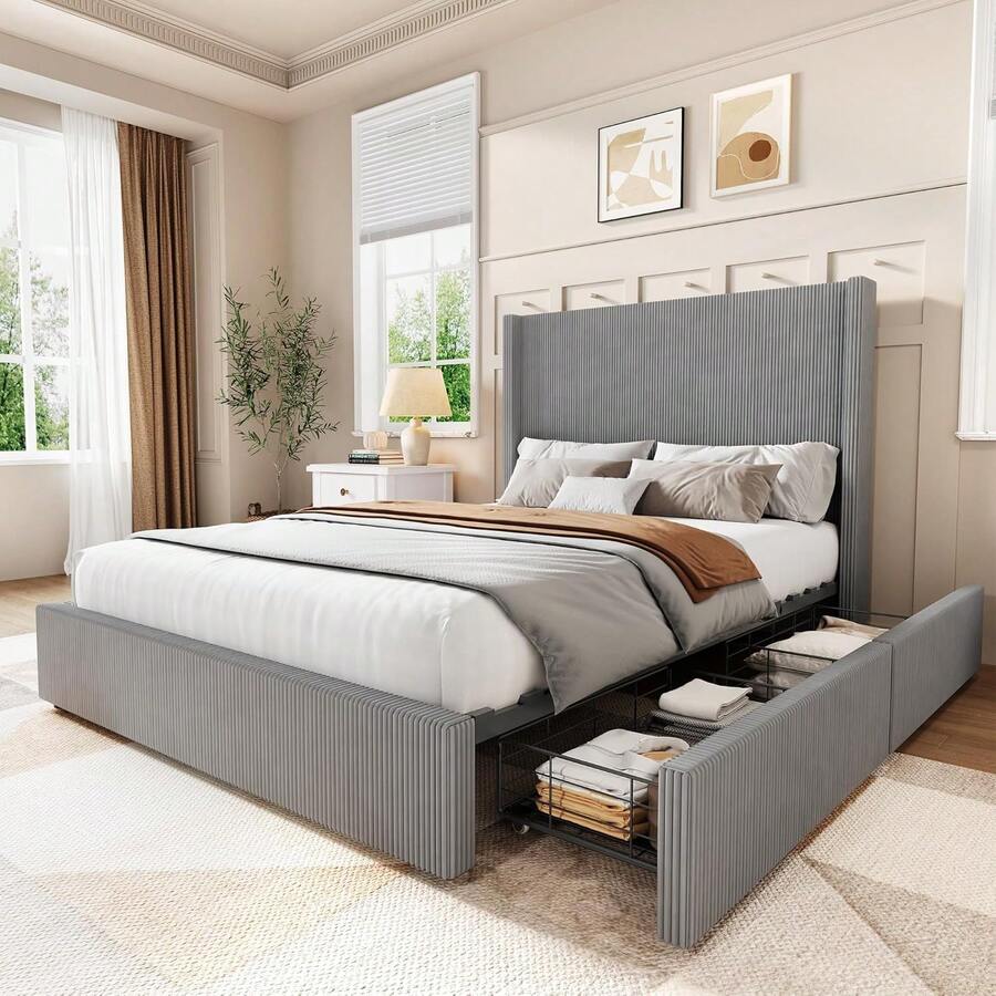 Beaully Bed Frame With 4 Storage Drawers And Wingback Headboard, Corduroy Upholstered Queen Platform Bedframe, No Box Spring Needed, Easy Assembly - Gray-king Size - View 1