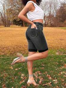 Women's Pocket Washed Stretchy Skinny Cycling Jeans - 深灰色 - 查看 11