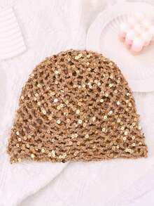 1pc Women's Fashion Hollow Crochet Sequin Beanie, Suitable For Everyday Wear F5PQ - 連帽帽 - 查看 2
