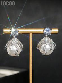 1 Pair Luxury Cubic Zirconia & Faux Pearl Drop Earring For Women For Wedding Engagement Anniversary Party Jewelry Valentine's Day Gift - 1# - View 5