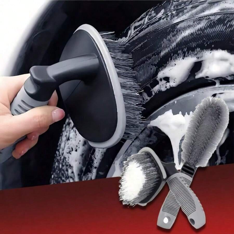 2支装灰色汽车轮毂刷，软毛轮毂清洁刷，适用于洗车，不刮伤轮毂清洁工具套装 - 2pc輪圈清潔刷套裝 - 查看 1