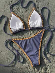 Women's Colorblock Ruffle Trim Bikini Set, Featuring Adjustable Triangle Cups And Tie Design, Suitable For Beach Vacation And Retro Style Summer - Dusty Blue - View 4