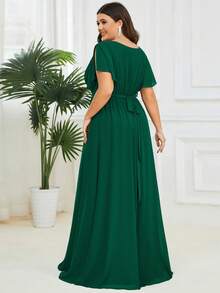 EVERPRETTY Elegante vestido formal de dama de honor con cuello en V, mangas con volantes plisados, color verde oliva, diseño con lazo en la cintura, adecuado para la madre de la novia, vestido de invitada a la boda de primavera/verano - Verde Oscuro - Ver 2