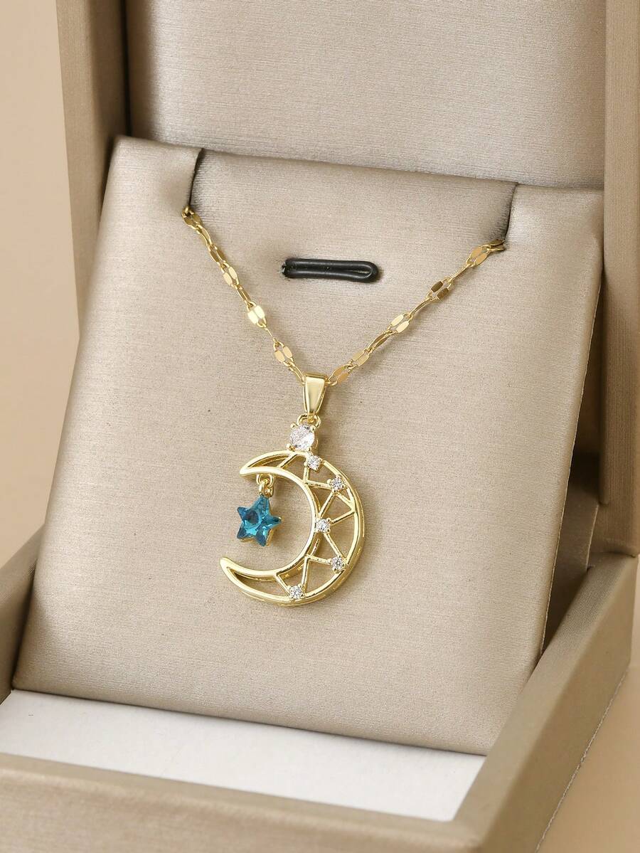 1pc Fashion Cubic Zirconia Studded Star, Moon Stainless Steel Necklace For Women, Heart, Butterfly, Gold Jewelry, Stainless Steel Chain, Women's Jewelry, Summer Vacation, Beach Party, Eid Gift, Birthday Gift, Gift For Loved Ones - Multicolor - View 1