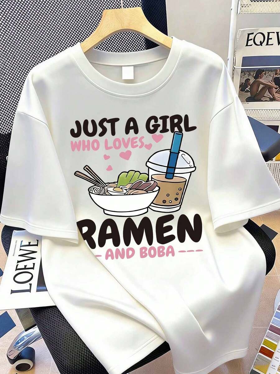 女款寬鬆大尺碼休閒可愛奶茶卡通印花圓領短袖T恤,夏季新款,適合學生度假購物、返校穿著,Gilmore女款T恤 - 白色 - 查看 1