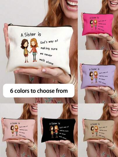姐妹礼物化妆包，印有励志名言“姐妹是上帝确保我们永不孤单的方式”，可爱化妆包旅行洗漱收纳包，适合女性和女孩，拉链帆布零钱包手拿包内胆，日常使用，生日、圣诞节、毕业典礼、情人节、母亲节礼物，送给姐妹/闺蜜，6种颜色可选