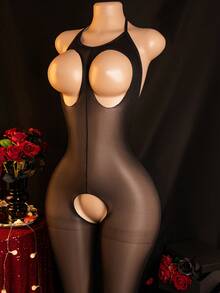 一件式性感连体裤，露出胸部和胯部 - 黑色 - 查看 3