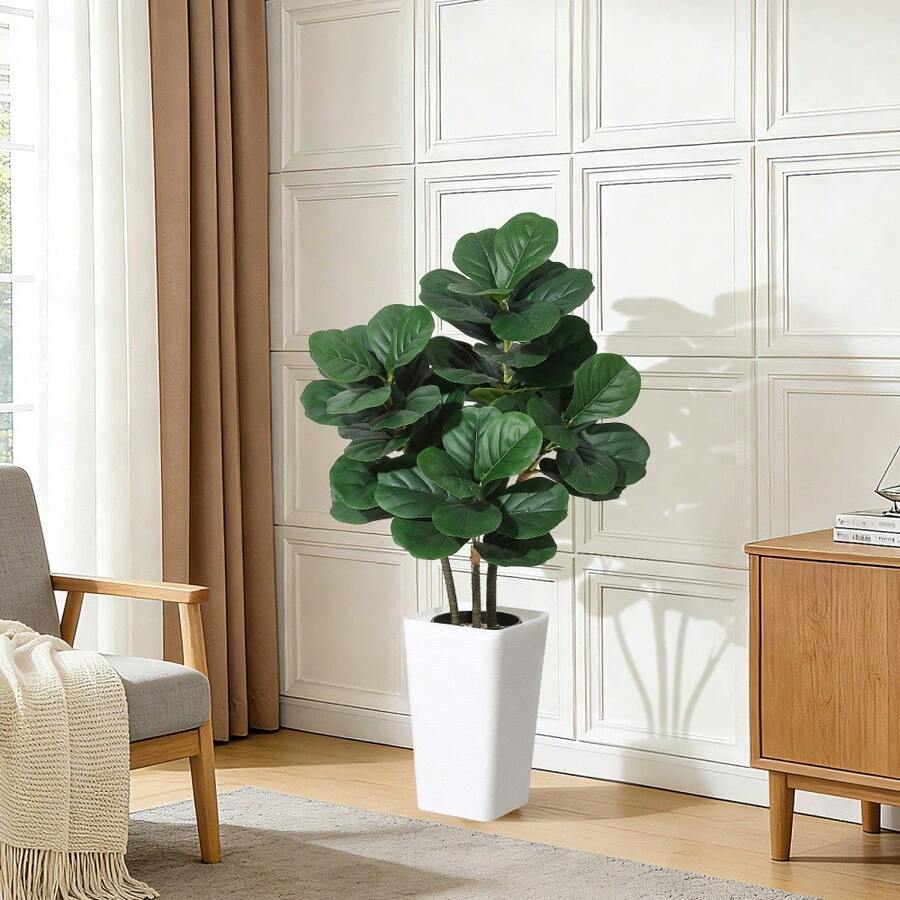 Künstlicher Geigenfeigenbaum (Ficus lyrata) in 120/150/180 cm Höhe mit weißem Übertopf, künstliche Topfpflanze, hohe künstliche Bodenpflanze für die Dekoration von Wohnzimmer, Büro oder Zuhause - 120cm - Übersicht 1