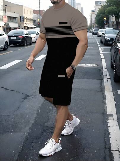 男士卡其色和黑色撞色圆领短袖上衣套装（含上衣和黑色短裤），100%涤纶轻薄透气面料，时尚运动套装，适合夏季穿着