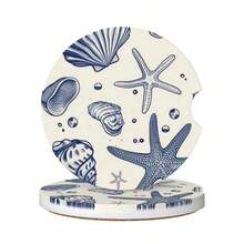 Absorbent Ceramic Car Coasters For Cup Holders Blue Sea Starfish Shells Design 2.56 Anti Slip Universal Drink Cup Coasters For Women Men 2 Pack - Blue Sea Starfish Shells - 查看 8