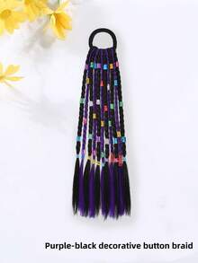 Botones de colores atados en una trenza para una fiesta o festival. La niña tiene el cabello atado con una cinta. Es lindo y elegante. Es una peluca infantil con una cola de caballo alta. - Multicolor - Ver 6