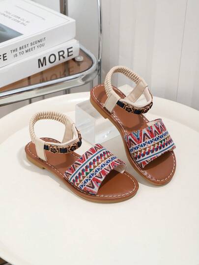 1 Pair Children's Summer Flat Sandals, Colorful Patchwork Upper, Fashionable Sandals, Elastic Band Slip-On, Floral Decor, Suitable For Travel, Beach, Outfit Matching