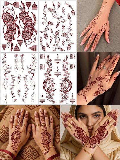 4pcs Full-Hand Floral Henna Tattoo Stickers, Brown And Red Finger & Toe Tattoo Stickers, Rose And Moon Pattern Designs, Waterproof Tattoo Stickers, Women's Body Art Tattoo Stickers, Body Makeup Tattoo Stickers.