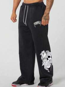 男士骷髅印花抽绳腰弹力休闲运动裤，时尚印花设计，适合海滩、通勤、运动等户外活动，宽松直筒裤型，适合春、夏、秋、冬四季穿着，街头风格，适合作为送给男友/老公的礼物，周年纪念礼物。 - 黑色 - 查看 1
