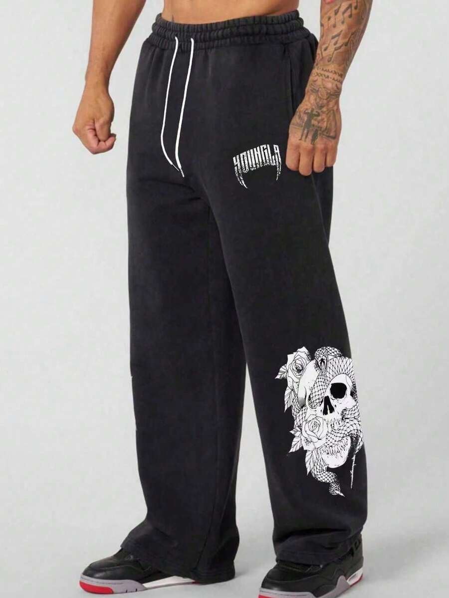 男士骷髅印花抽绳腰弹力休闲运动裤，时尚印花设计，适合海滩、通勤、运动等户外活动，宽松直筒裤型，适合春、夏、秋、冬四季穿着，街头风格，适合作为送给男友/老公的礼物，周年纪念礼物。 - 黑色 - 查看 1