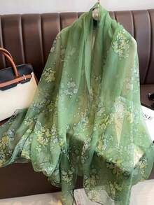 1pc Green Chiffon Scarf For Women, Lightweight Spring Autumn Versatile Artistic Travel Sun Protection Shawl Neck Wrap - Green - View 3